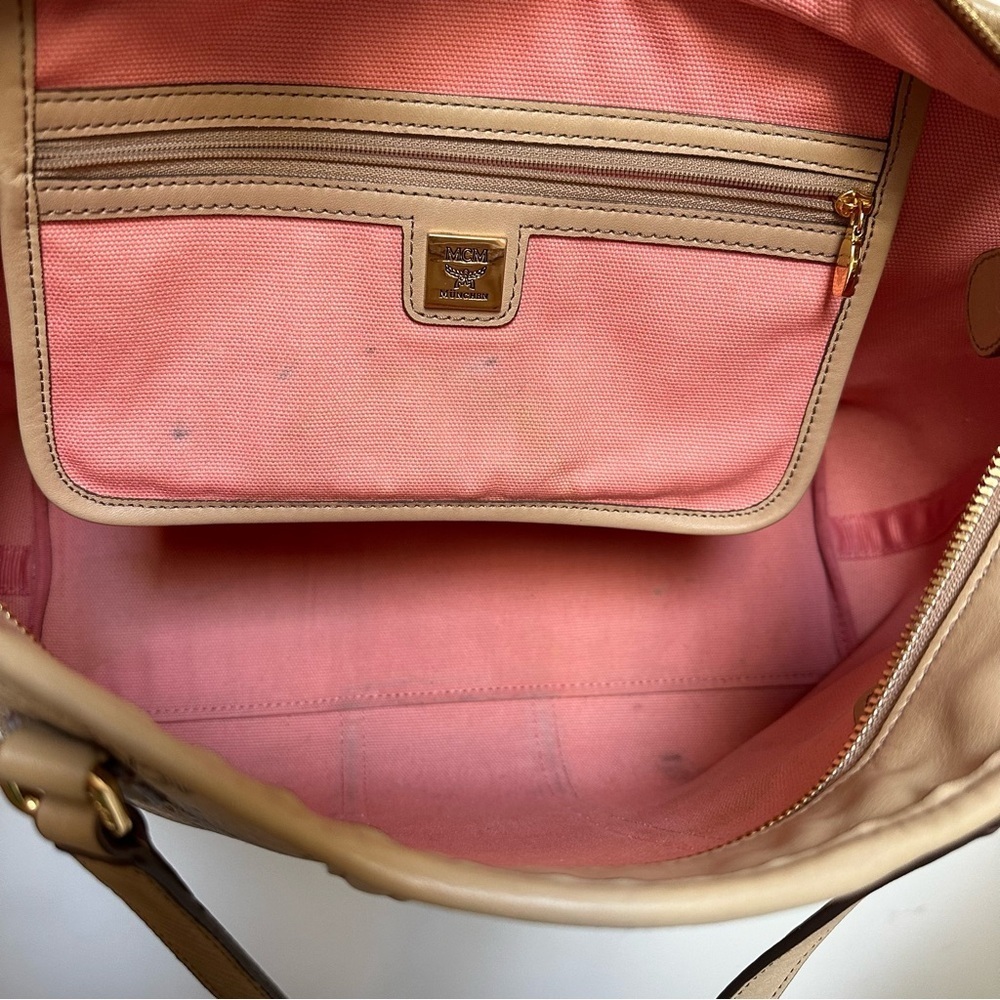 MCM Visetos Authentic Striped Tote Shoulder Bag | Beige Tan Pink| MED LG /DAMAGE - Picture 12 of 17